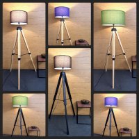 Подова лампа с регулируем дървен трипод(св.кафяв,черен) и абажур от плат(зелен,лилав,сив),E27