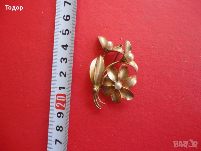 Старинна позлатена брошка с перли 2, снимка 1