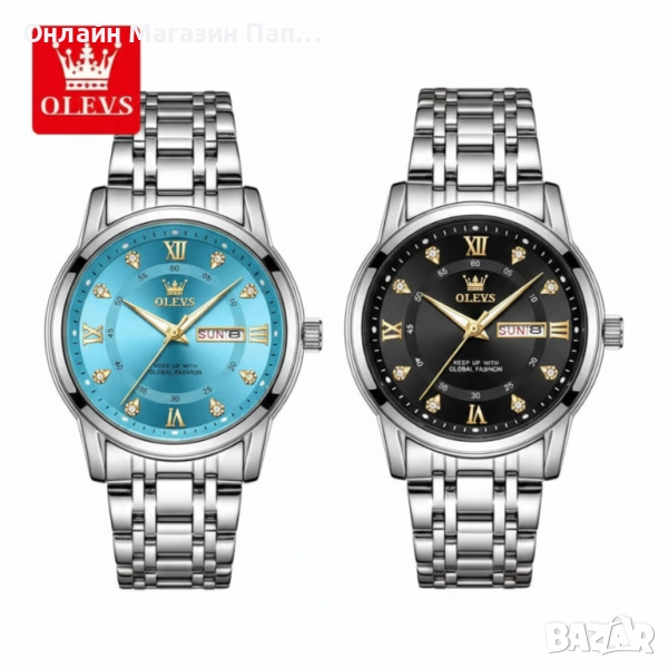 OLEVS 5513 Мъжки кварцов часовник с двоен календар и диамантени индекси, водоустойчив, снимка 1