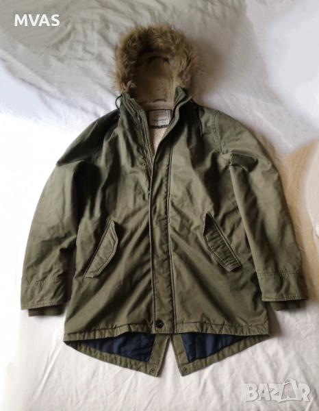 Ново мъжко есенно яке парка с качулка с косъм цвят каки с качулкаS M размер, снимка 1