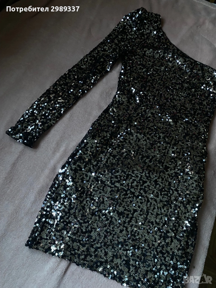 Елегантна черна пайетена рокля с едно рамо, снимка 1