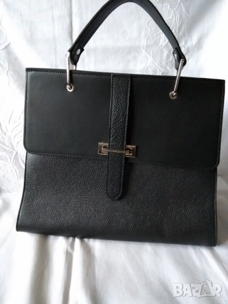 ЕСТЕСТВЕНА КОЖА /made in ITALY/ официална черна дамска чанта, снимка 1