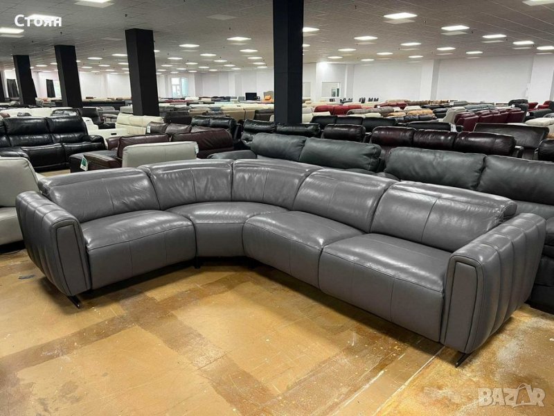 Тъмно сив кожен ъглов диван с електрически релаксиращ механизъм, снимка 1