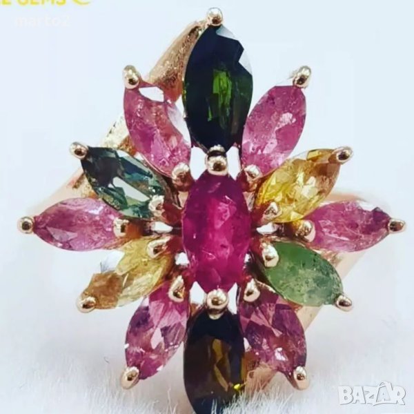 Елегантен Сребърен 925 Пръстен с позлата и натурални Турмалини!, снимка 1