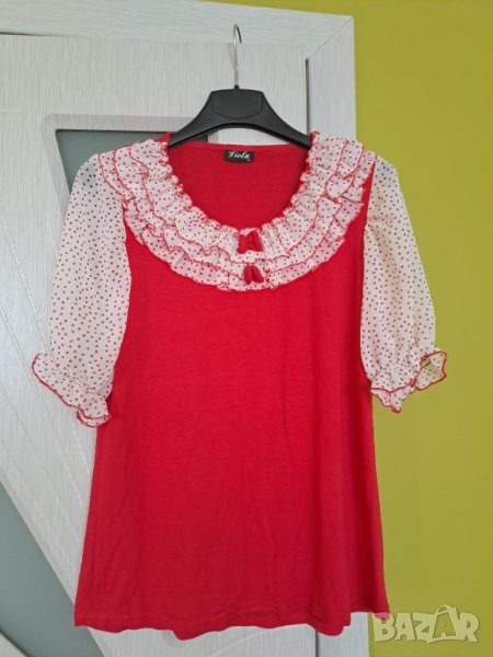 Дамска блуза червена с къдрички на точки Viola, снимка 1