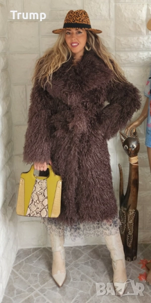 Хит на сезона ! Дълго палто еко косъм тип пудел, кафяво, снимка 1