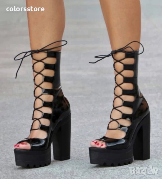 Летни боти на ток - черен лак - 101, снимка 1