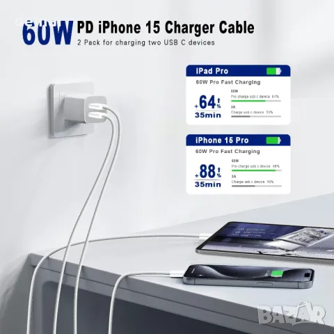 Кабели за бързо зареждане тип C за iPhone, MacBook, Samsung, 2 броя, 0,9 метра, 60W, снимка 2 - USB кабели - 49932003