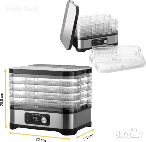 Дехидратор KLAMER 400W, 5 тави, таймер 24ч, 35–70°C, снимка 2 - Други - 55971102