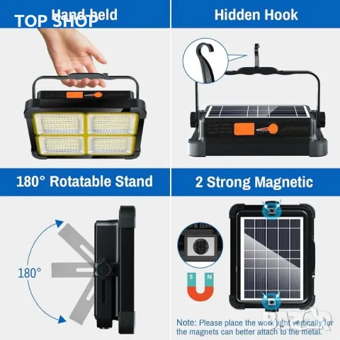Работна светлина Акумулаторна 100W, преносима LED слънчева работна светлина 12000mAh 10000 LM, снимка 4 - Гедорета - 48756785