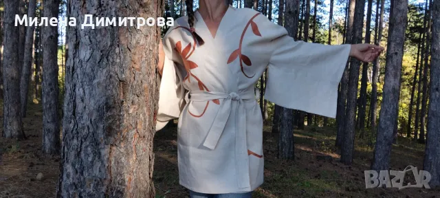 Ръчно рисувано ленено кимоно , снимка 3 - Сака - 48868514