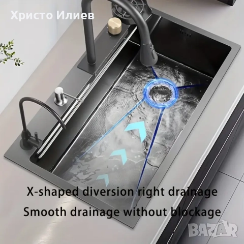 Модерна Кухненска мивка със смесител и много аксесоари 68см х 45см Мултифункционална Луксозна, снимка 2 - Мивки - 51820686