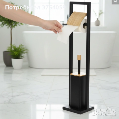 Стойка 2в1 Cheffinger за баня с тоалетна четка и държач за тоалетна хартия – метал и дърво, снимка 4 - Други стоки за дома - 53174995