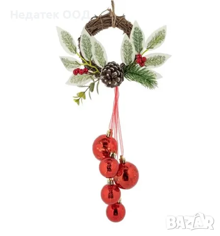 Коледен декоративен венец, Червен, 35см 