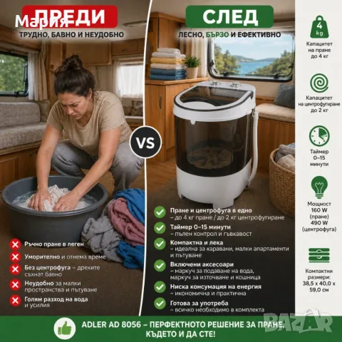 Преносима мини пералня Adler с центрофуга до 4 кг, снимка 5 - Перални - 55768758