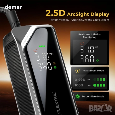 FLEXTAILGEAR Безжичен компресор за напомпване на автомобилни гуми, 150 PSI, 12V DC и USB-C, 6000mAh, снимка 6 - Аксесоари и консумативи - 53656552