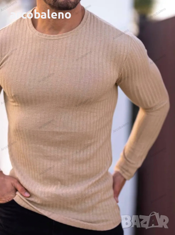 Ежедневна мъжка тениска с дълги ръкави и кръгло деколте с вертикални райета, 5цвята , снимка 4 - Тениски - 44624412