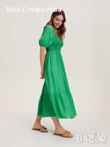 Дълга нова елегантна зелена рокля Reserved буфан ръкав къдри волани , снимка 5 - Рокли - 41203081