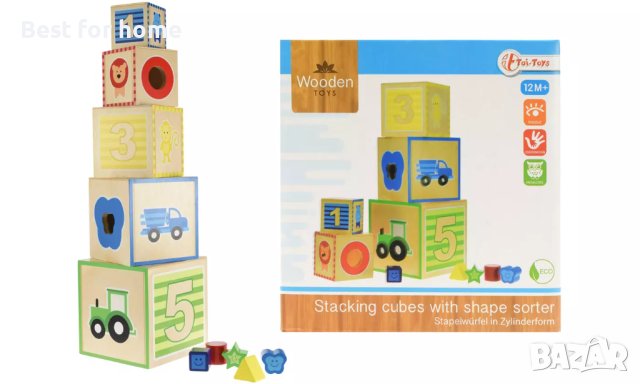 Образователна игра за сортиране на блокчета Toi-Toys кубчета с различни размери, дърво, многоцветна, снимка 4 - Образователни игри - 42446628