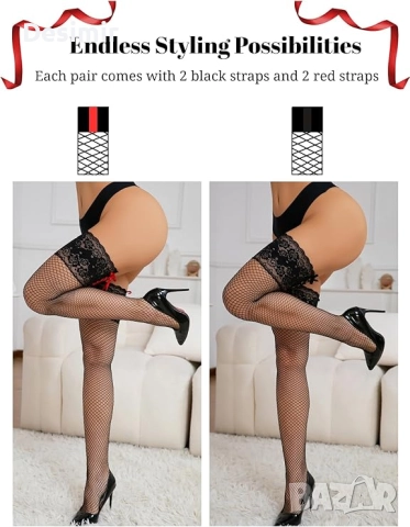 Дамски мрежести чорапи до бедрото с дантелена лента и презрамки, снимка 7 - Други - 52882766