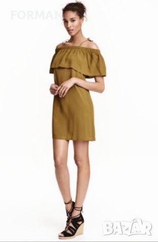 Рокля с отворени рамене и къдричка около тях в тютюнево-зелен цвят, снимка 2 - Рокли - 41281271