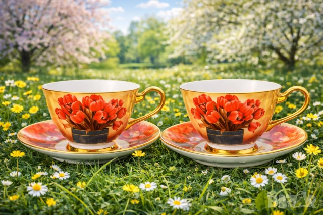 ПРОМОЦИЯ на Чаши с чинийки с  цветя от костен порцелан , снимка 2 - Подаръци за жени - 27210077