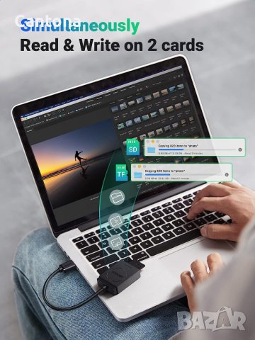 UGREEN USB 3.0 четец на карти с двоен слот TF, SD, MicroSD,SDXC,SDHC,MMC,RS-MMC, MicroSDXC,MicroSDHC, снимка 5 - Други - 41608173