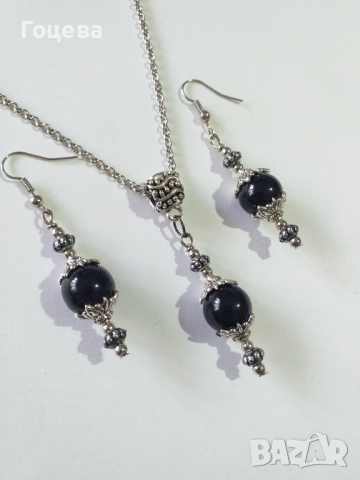 Много красив комплект обици и колие с черни порцеланови мъниста и богати орнаменти в цвят Сребро , снимка 3 - Бижутерийни комплекти - 36116672