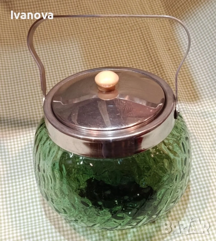 Захарница цветно стъкло с дръжка и капаче от алпака, снимка 2 - Други - 53331641