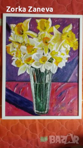 цветя-авторска картина 40/30 в рамка,рисувана на ръка., снимка 4 - Картини - 41819389
