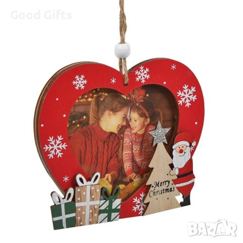 Дървени Коледни играчки със снимка, 11.5см, Сърце с Дядо Коледа, снимка 2 - Декорация за дома - 42703166