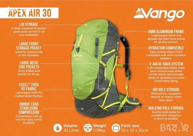 продавам нови раници Vango Apex Air 30l и 40l - с етикети, снимка 16 - Раници - 55851414