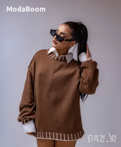 Стилен дълъг дамски кафяв пуловер , снимка 2 - Блузи с дълъг ръкав и пуловери - 48067080