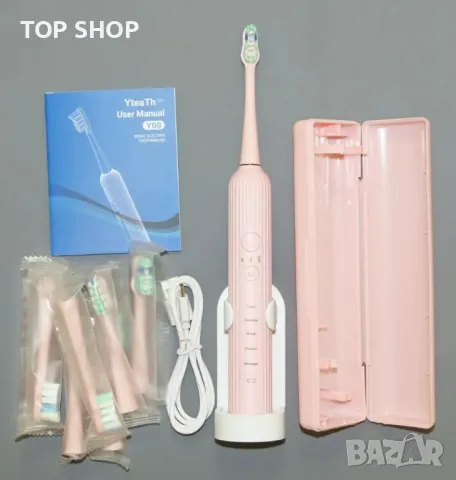 Звукова електрическа четка за зъби, 4 резервни глави, 3 нива и 5 режима, розова, снимка 6 - Тримери - 49629205