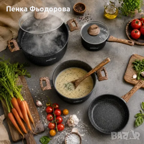 Комплект кухненски съдове с мраморно незалепващо покритие – 3 тенджери с капаци и тиган, снимка 2 - Съдове за готвене - 55927169