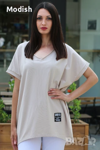 Памучна едноцветна дамска блуза с V-образно деколте 7042, снимка 11 - Тениски - 50696210