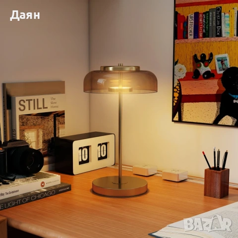 Настолна лампа HOMCOM с топла LED светлина, метална основа, кехлибарен стъклен абажур, снимка 2 - Лед осветление - 53209238