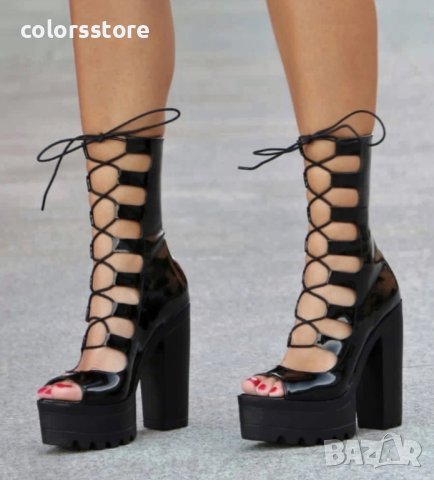 Летни боти на ток - черен лак - 101