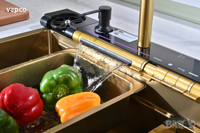 Златна мултифункционална кухненска мивка с регулируем двоен водопад, снимка 8 - Мивки - 51491360