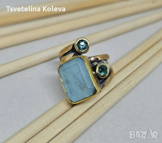 Масивен сребърен пръстен с Аквамарин и Турмалини