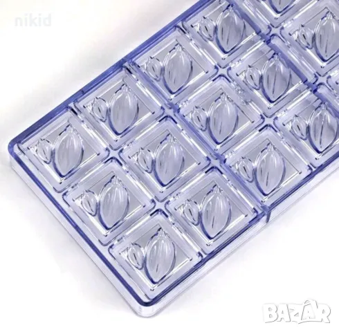 Квадрат какао ядка листо пластмасова форма Поликарбонатна отливка калъп за Шоколадови бонбони, снимка 4 - Форми - 49215338