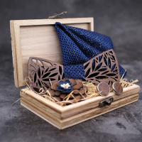 Комплект дървена папионка, бутонели и кърпичка, снимка 2 - Сватбени аксесоари - 44774770