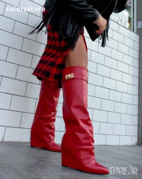 Ботуши на платформа - червена кожа - K-40, снимка 1