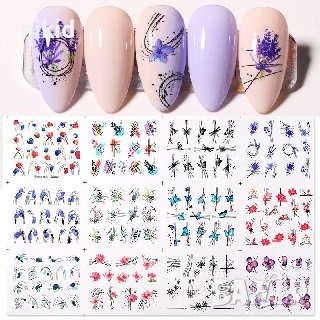 Черти цветя френски петна 12 в 1 лист слайдер татос водни стикери маникюр нокти декорация, снимка 1