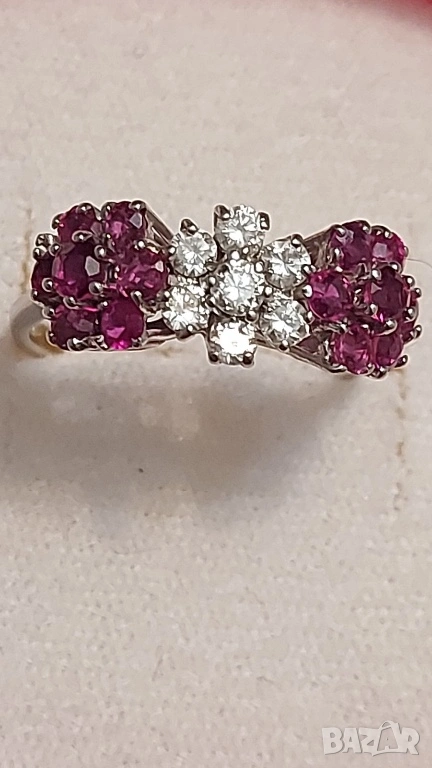 Златен пръстен с естествени рубини и брилянти, снимка 1