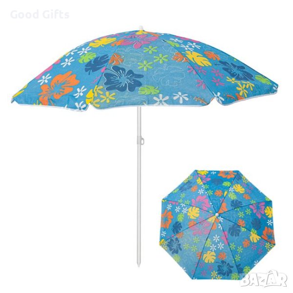 Плажен чадър, Син с цветя 1.80м, снимка 1