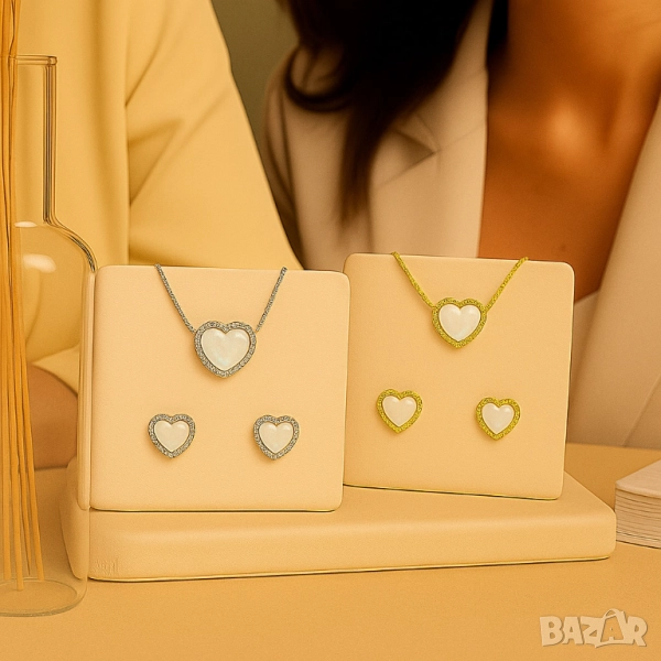 Стилен комплект бижута със сърца - Колие с обеци/ устойчив метал, снимка 1