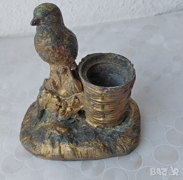 Стара метална мастилница с птиче, пиле, метал, рядка, красива , снимка 1