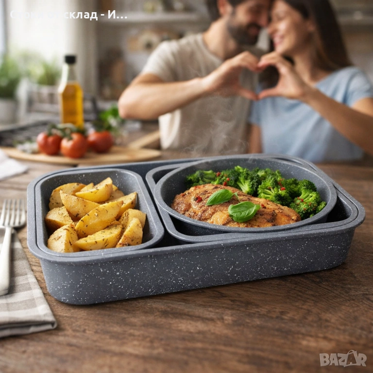 Комплект 4 тави за печене Cheffinger с мраморно незалепващо покритие – различни форми, компактно под, снимка 1