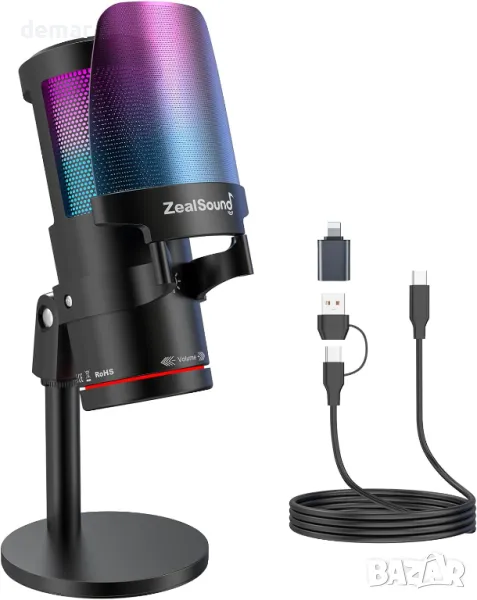 USB микрофон за игри ZealSound, кондензаторен микрофон с шумопотискане, с RGB светлина, снимка 1